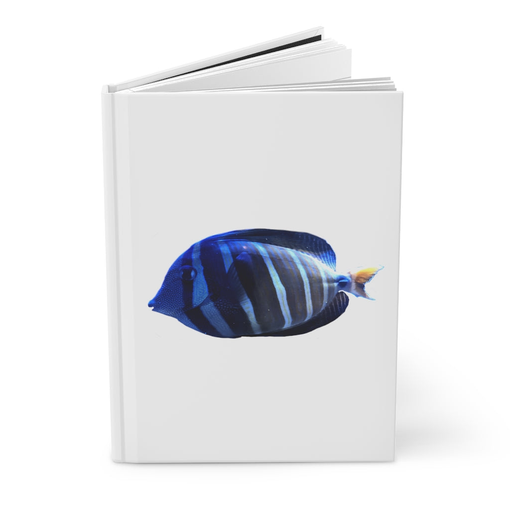 Striped Fish Hardcover Journal with matte finish and customizable covers, featuring lined pages for journaling.