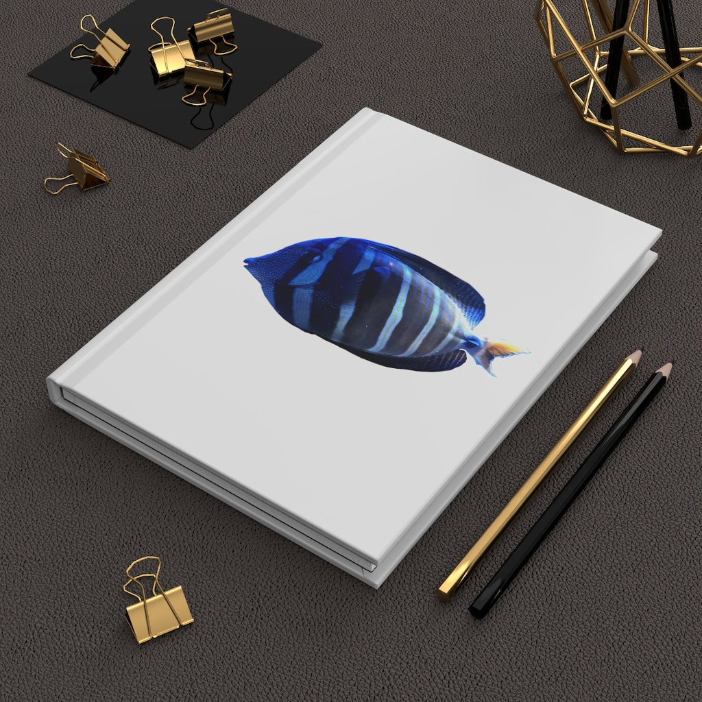 Striped Fish Hardcover Journal with matte finish and customizable covers, featuring lined pages for journaling.