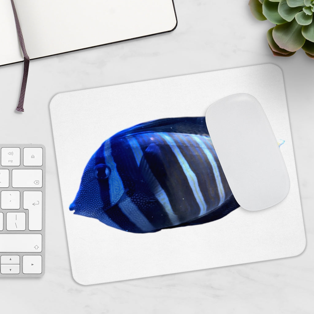 Striped Fish Mouse Pad featuring a vibrant design on a smooth neoprene surface, ideal for enhancing desk aesthetics.