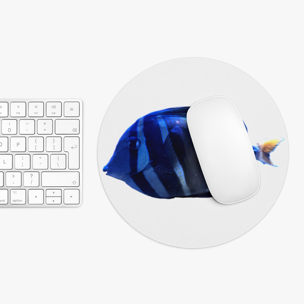 A colorful striped fish mouse pad in round and rectangular shapes, featuring a non-slip rubber bottom and neoprene material.