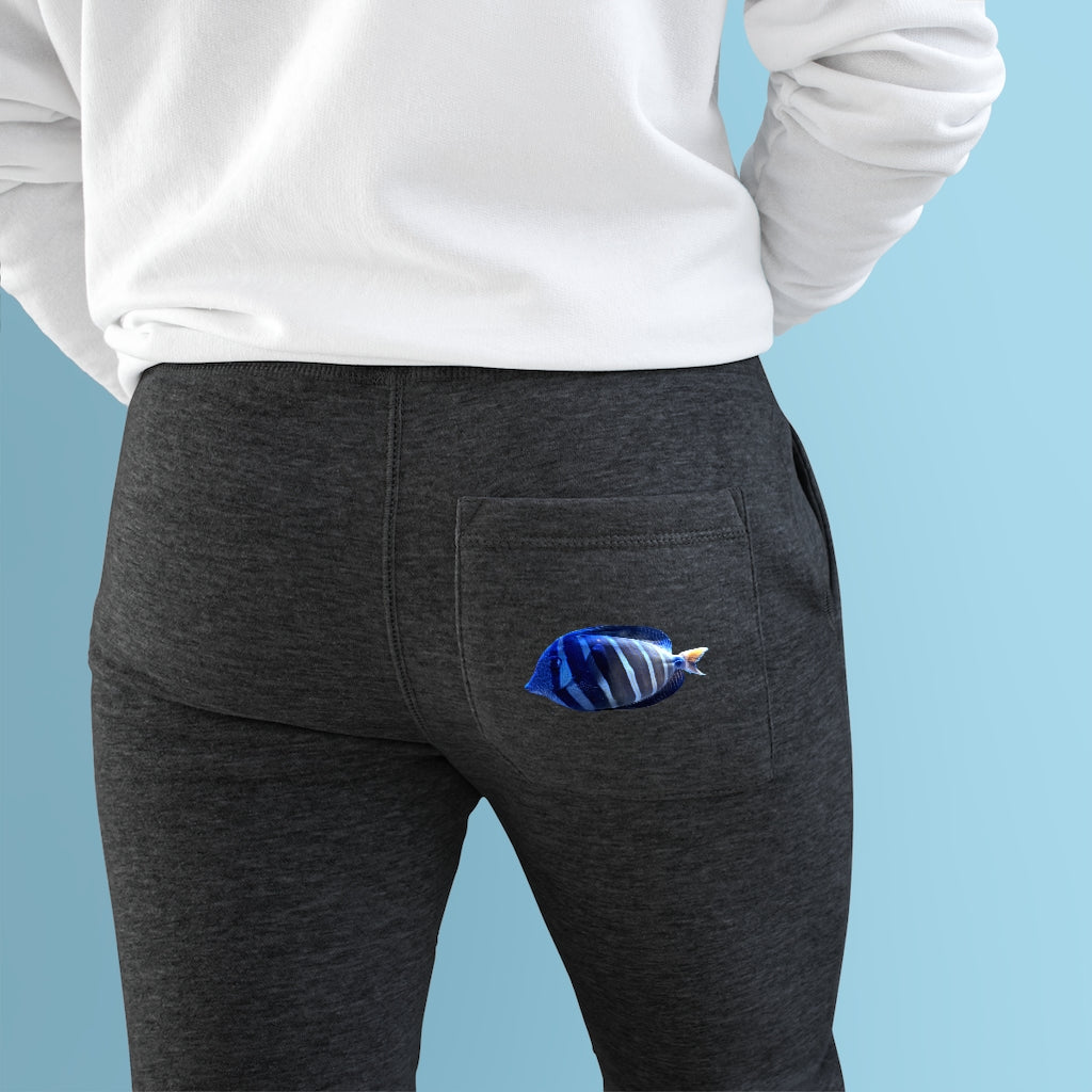 A pair of Striped Fish Premium Fleece Joggers in a stylish design, featuring two side pockets and a customizable back pocket, made from soft fleece material.