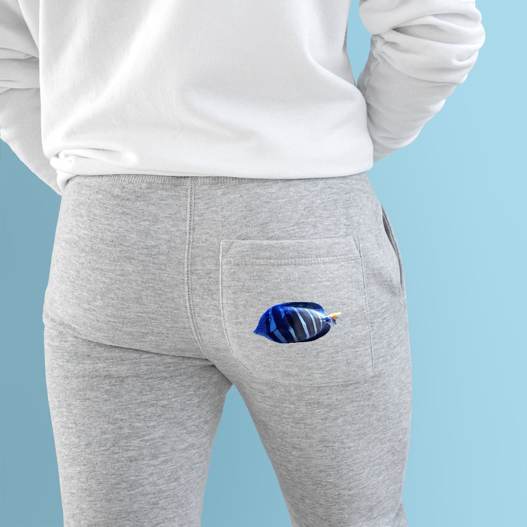 A pair of Striped Fish Premium Fleece Joggers in a stylish design, featuring two side pockets and a customizable back pocket, made from soft fleece material.