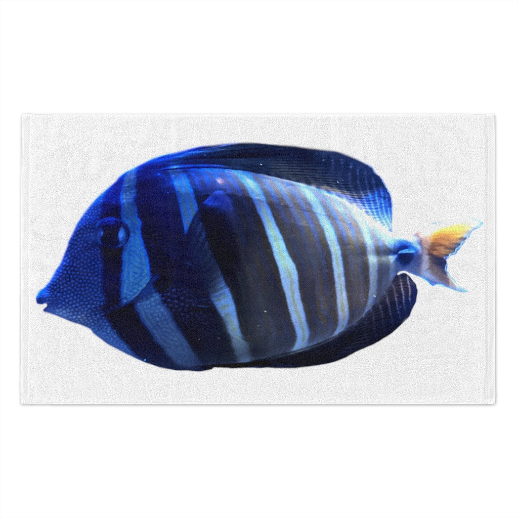 Striped Fish Rally Towel featuring a soft polyester front and absorbent cotton backing, measuring 11x18 inches.