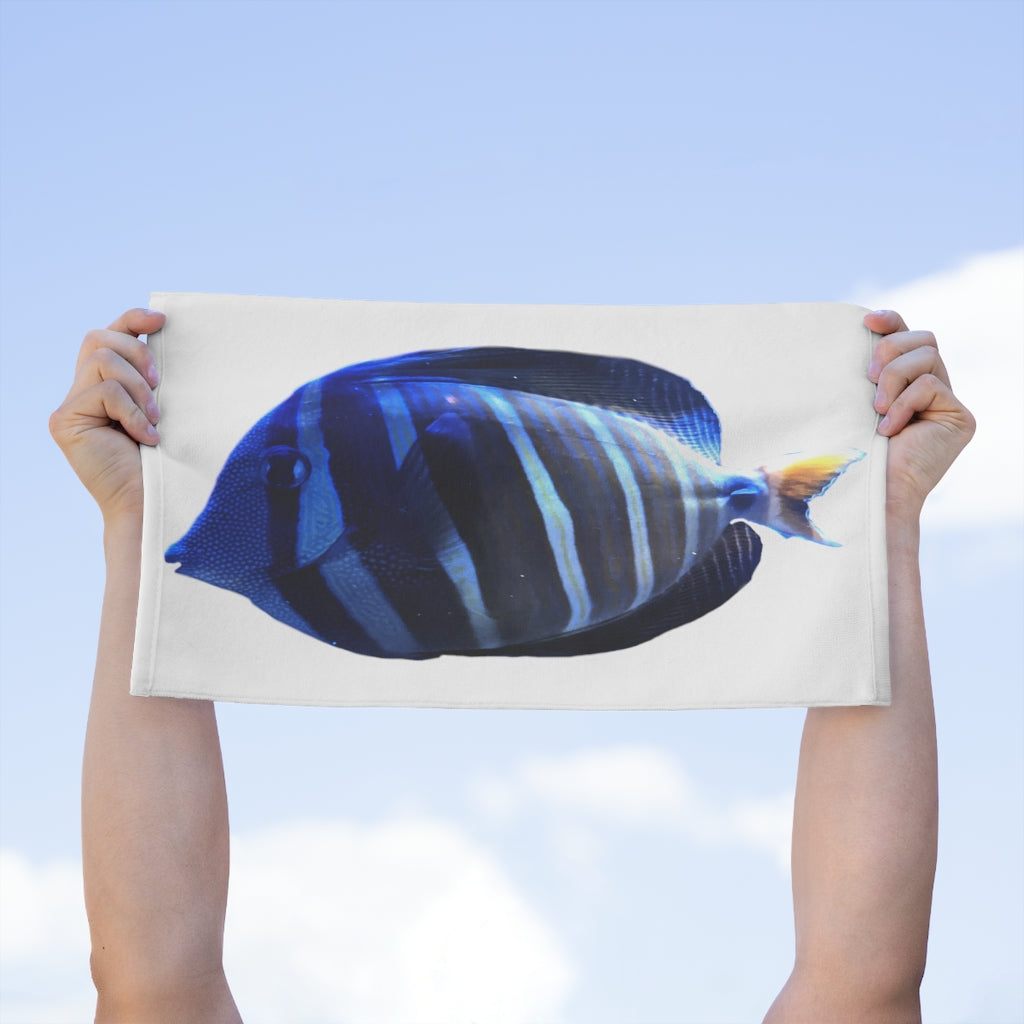 Striped Fish Rally Towel featuring a soft polyester front and absorbent cotton backing, measuring 11x18 inches.