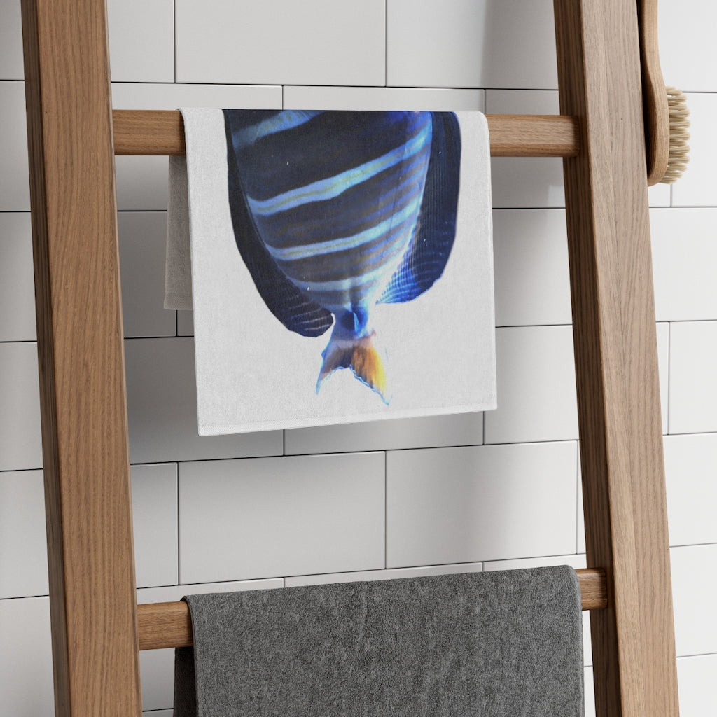 Striped Fish Rally Towel featuring a soft polyester front and absorbent cotton backing, measuring 11x18 inches.