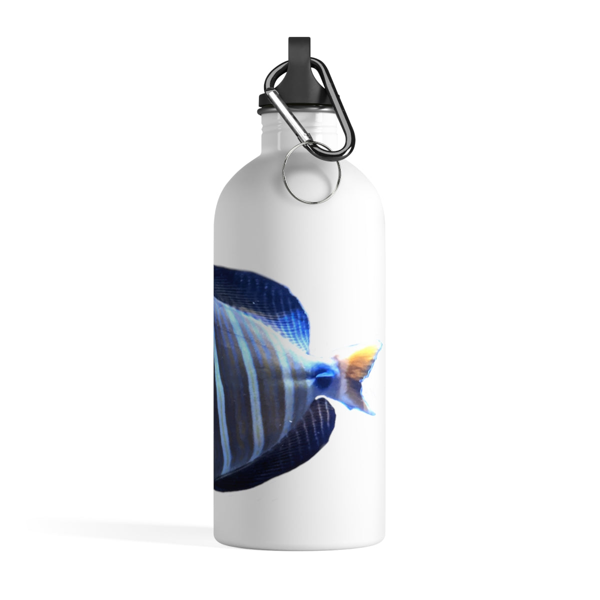 Striped Fish Stainless Steel Water Bottle with a plastic screw top and carabiner, featuring a vibrant striped fish design.