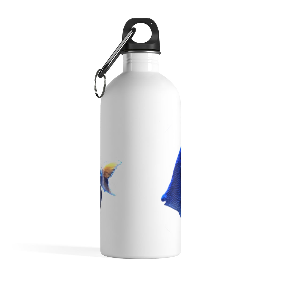 Striped Fish Stainless Steel Water Bottle with a plastic screw top and carabiner, featuring a vibrant striped fish design.