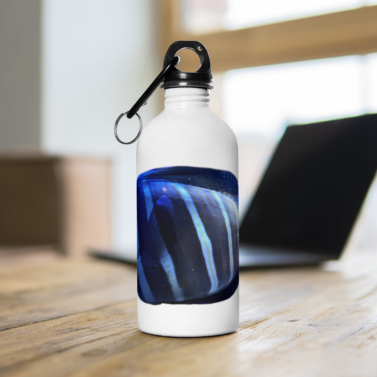 Striped Fish Stainless Steel Water Bottle with a plastic screw top and carabiner, featuring a vibrant striped fish design.