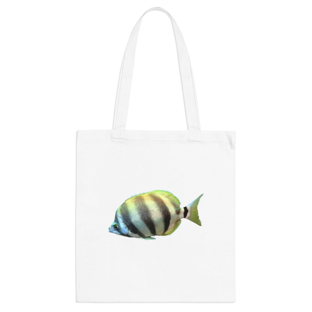 A colorful striped fish tote bag made of 100% cotton with long handles and cross stitching for durability.