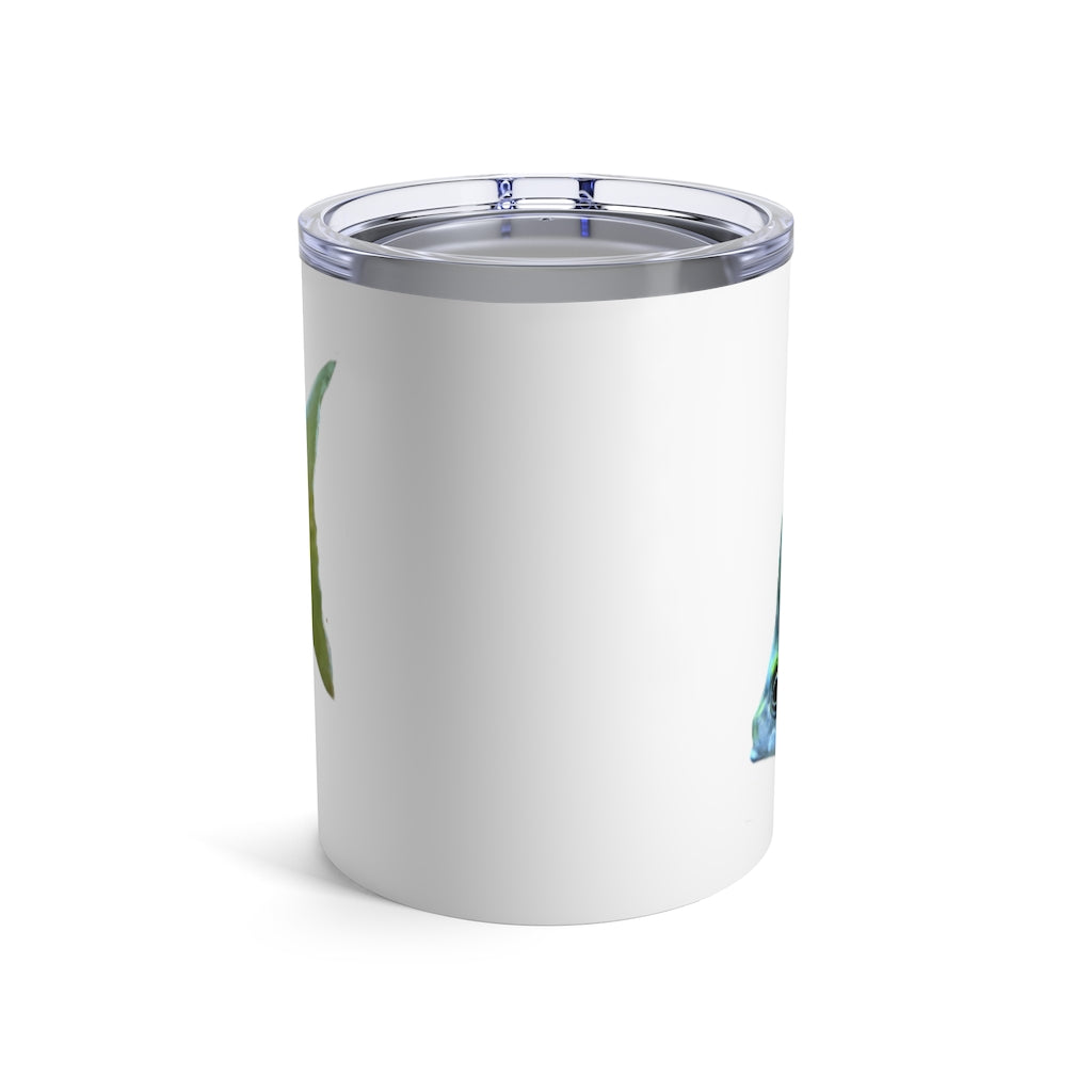 Striped Fish Tumbler 10oz made of stainless steel with a see-thru plastic lid, featuring a stylish striped fish design.