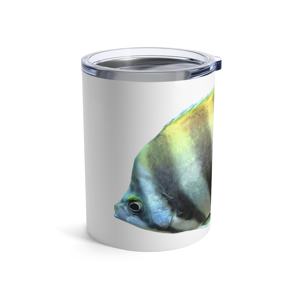 Striped Fish Tumbler 10oz made of stainless steel with a see-thru plastic lid, featuring a stylish striped fish design.