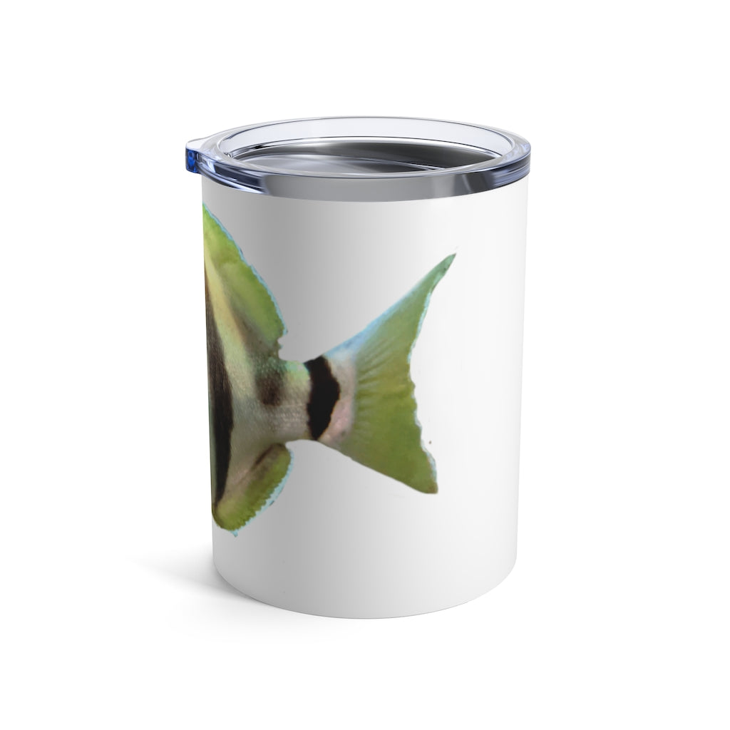 Striped Fish Tumbler 10oz made of stainless steel with a see-thru plastic lid, featuring a stylish striped fish design.