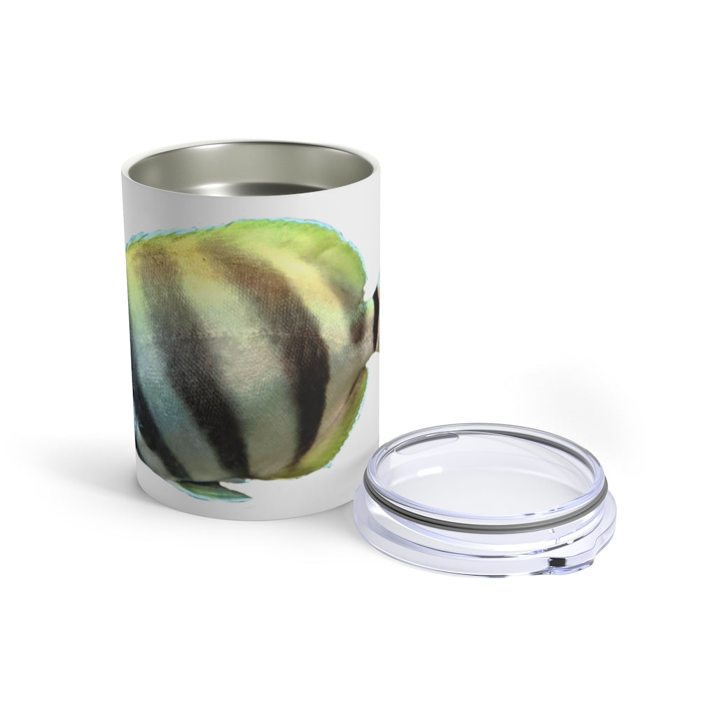 Striped Fish Tumbler 10oz made of stainless steel with a see-thru plastic lid, featuring a stylish striped fish design.