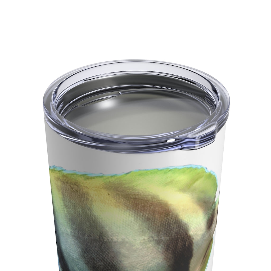 Striped Fish Tumbler 10oz made of stainless steel with a see-thru plastic lid, featuring a stylish striped fish design.