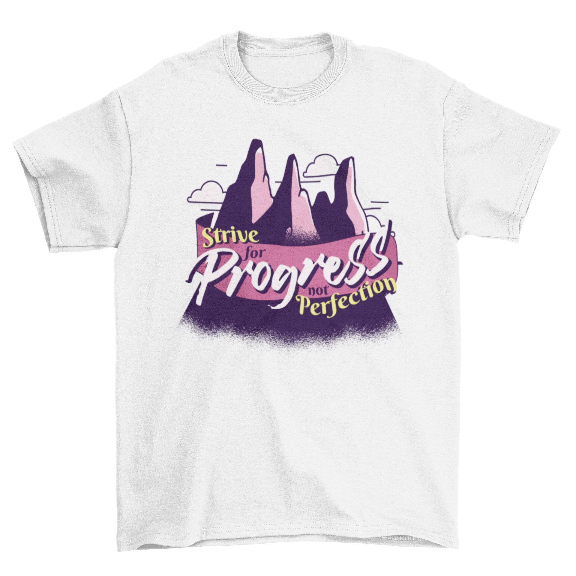 Strive for Progress Quote T-shirt featuring mountains and motivational text.