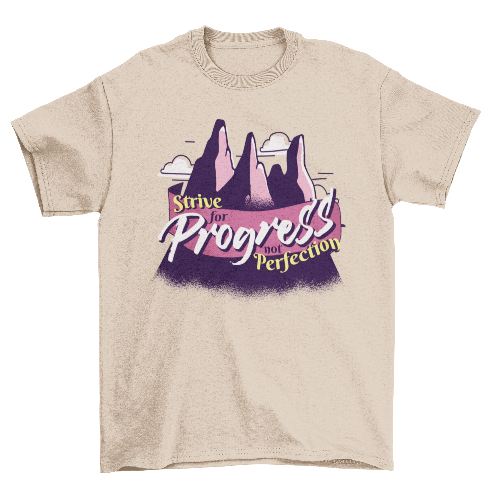 Strive for Progress Quote T-shirt featuring mountains and motivational text.