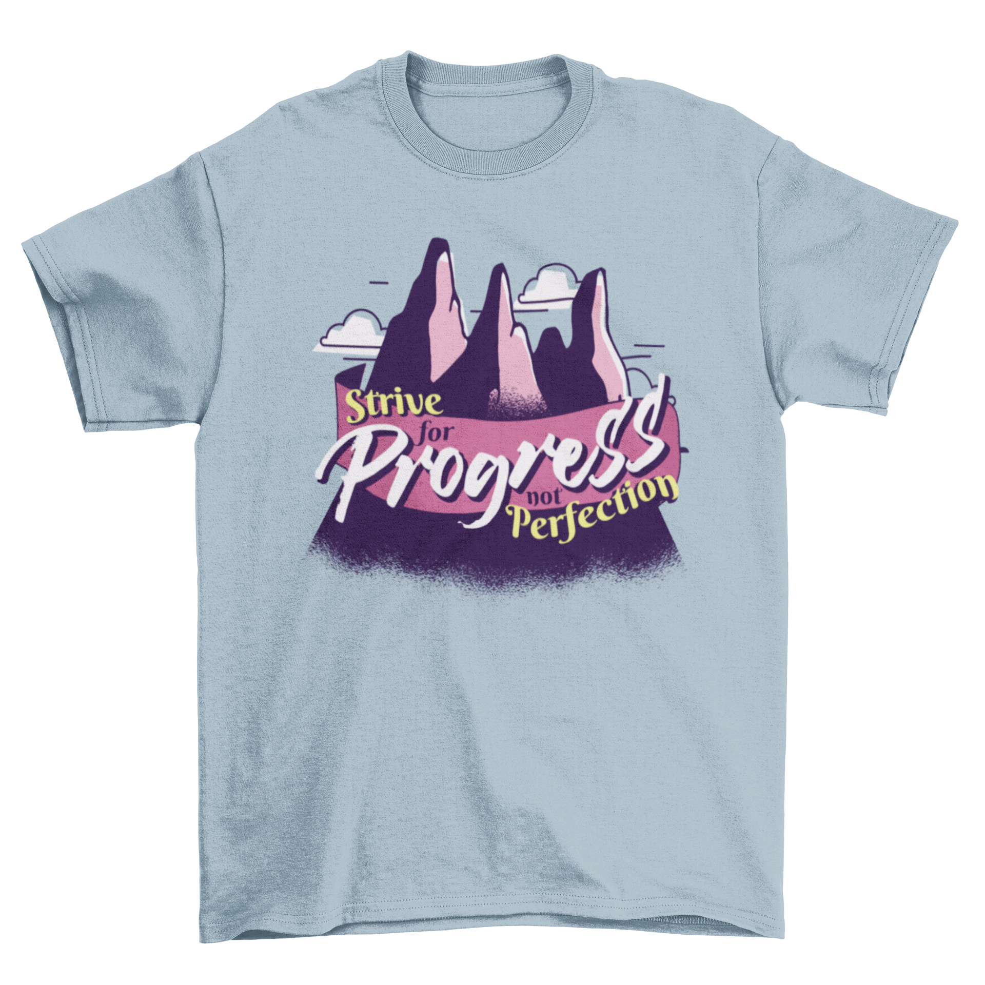 Strive for Progress Quote T-shirt featuring mountains and motivational text.