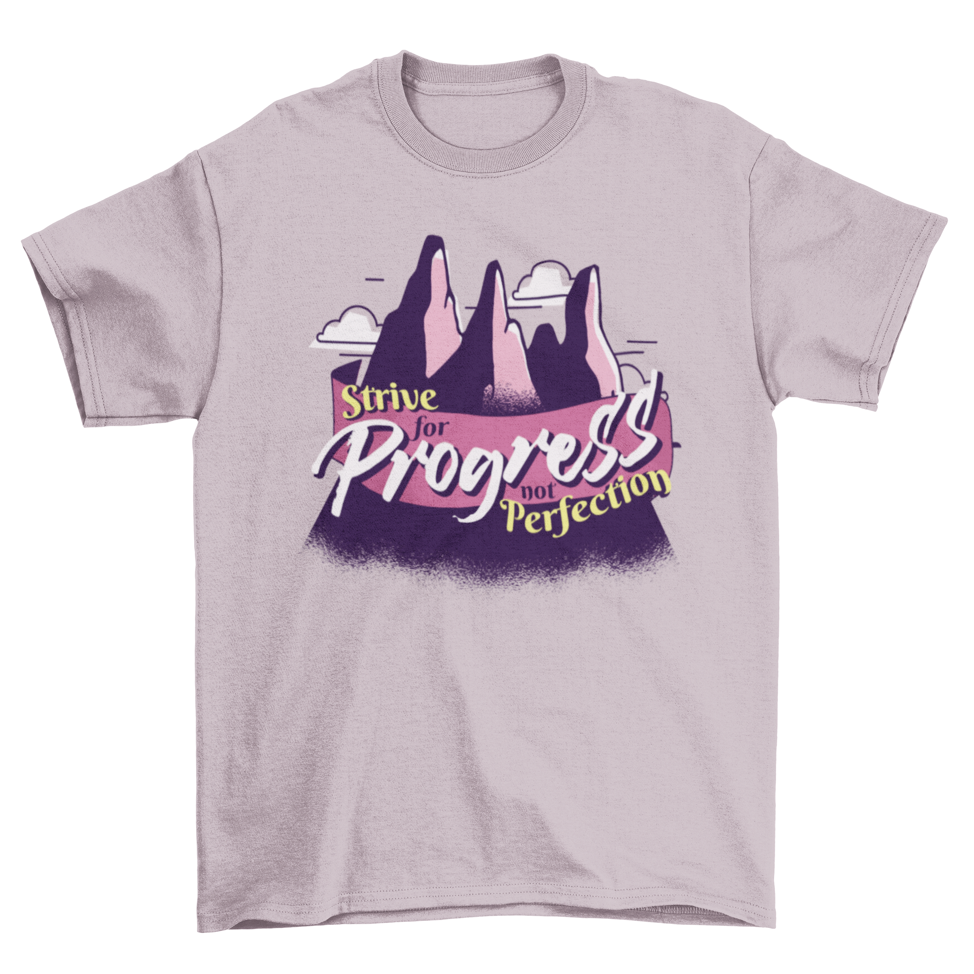 Strive for Progress Quote T-shirt featuring mountains and motivational text.