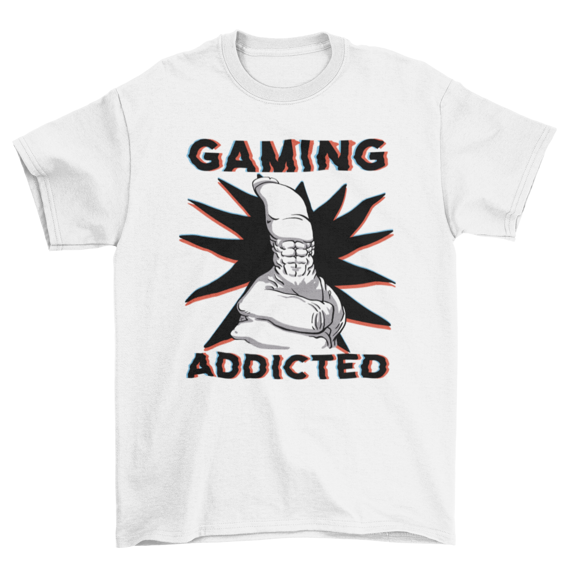 Strong hand graphic t-shirt with 'Gaming Addicted' quote, perfect for gamers.