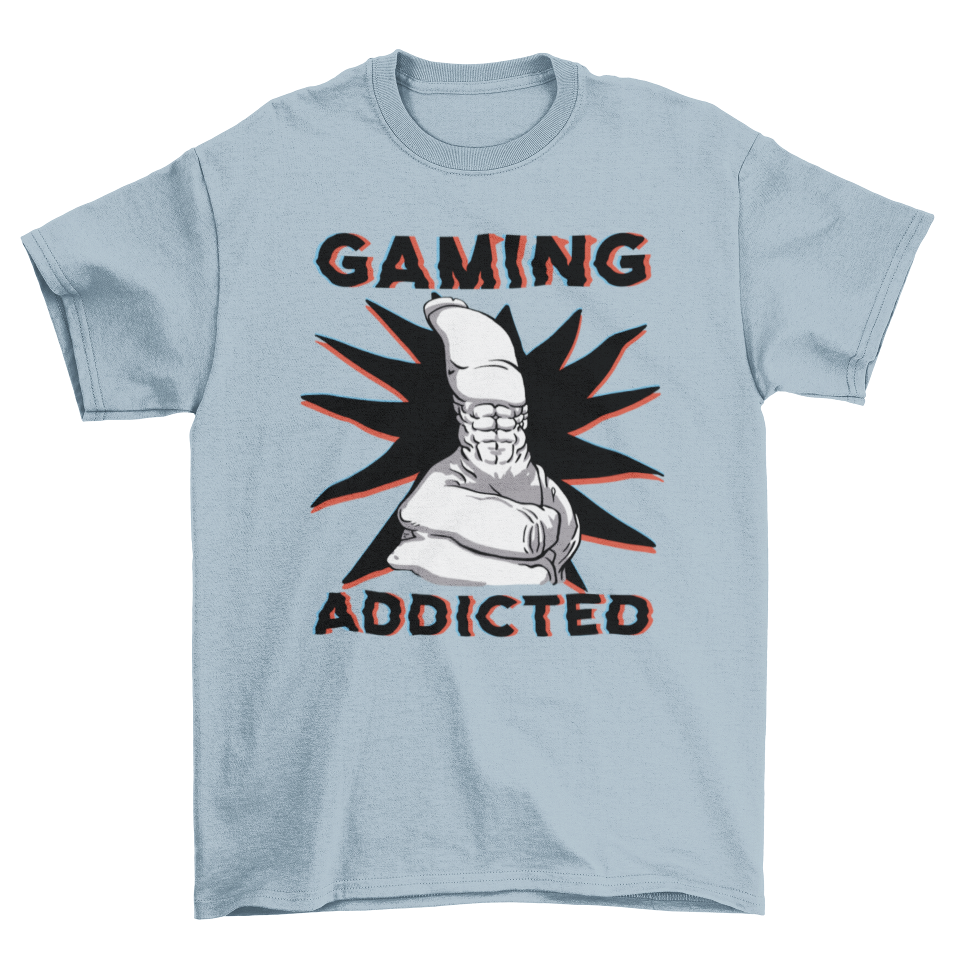 Strong hand graphic t-shirt with 'Gaming Addicted' quote, perfect for gamers.