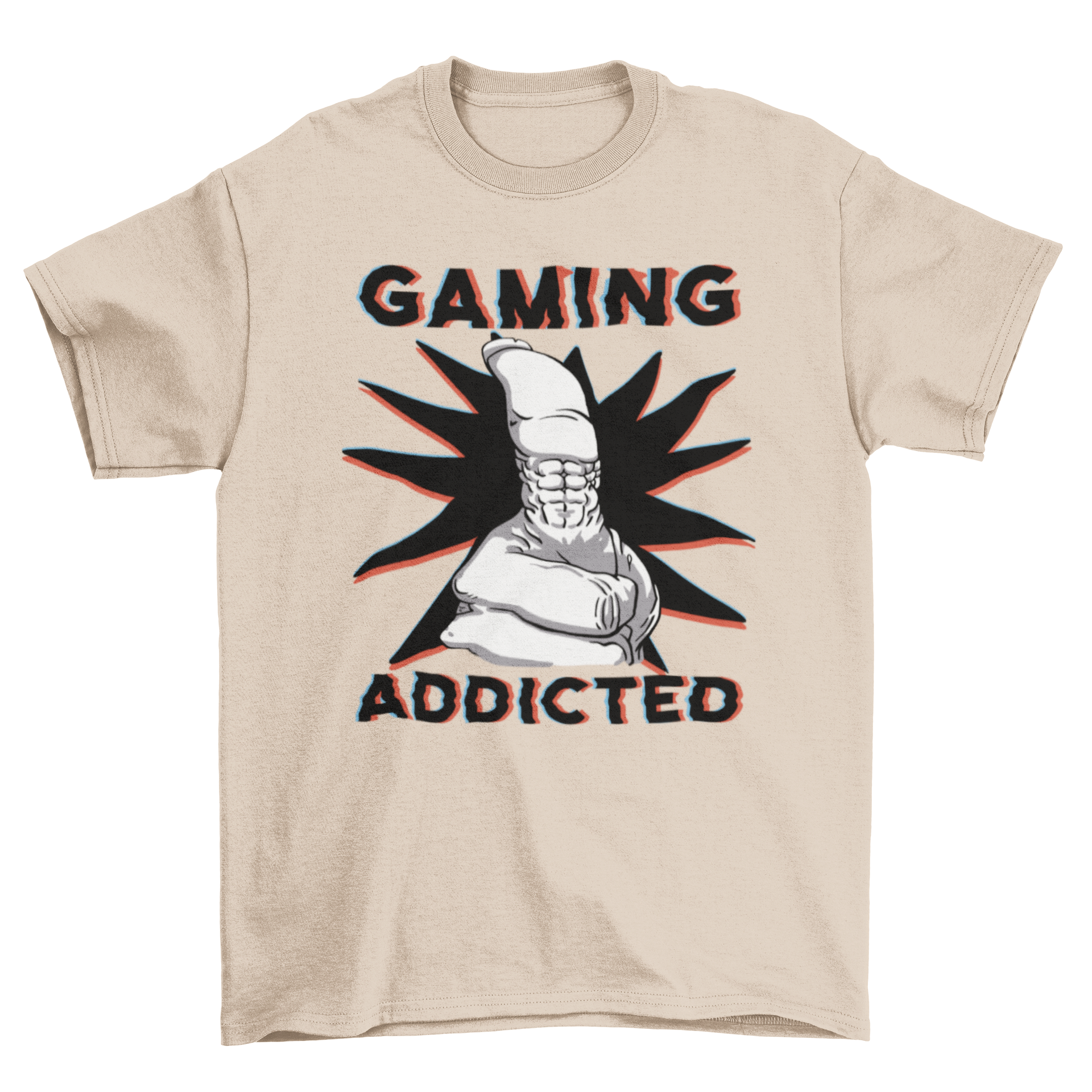 Strong hand graphic t-shirt with 'Gaming Addicted' quote, perfect for gamers.