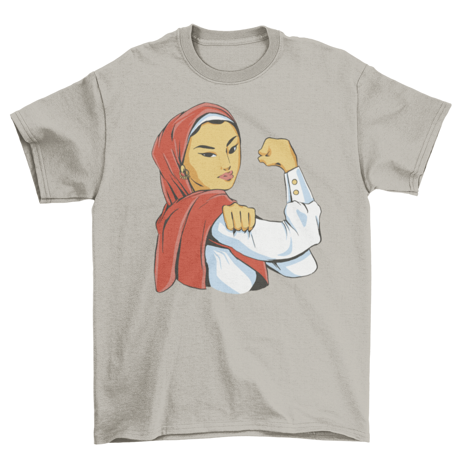 Strong Muslim woman feminist t-shirt featuring a design of a Muslim woman flexing her arm, symbolizing empowerment and strength.