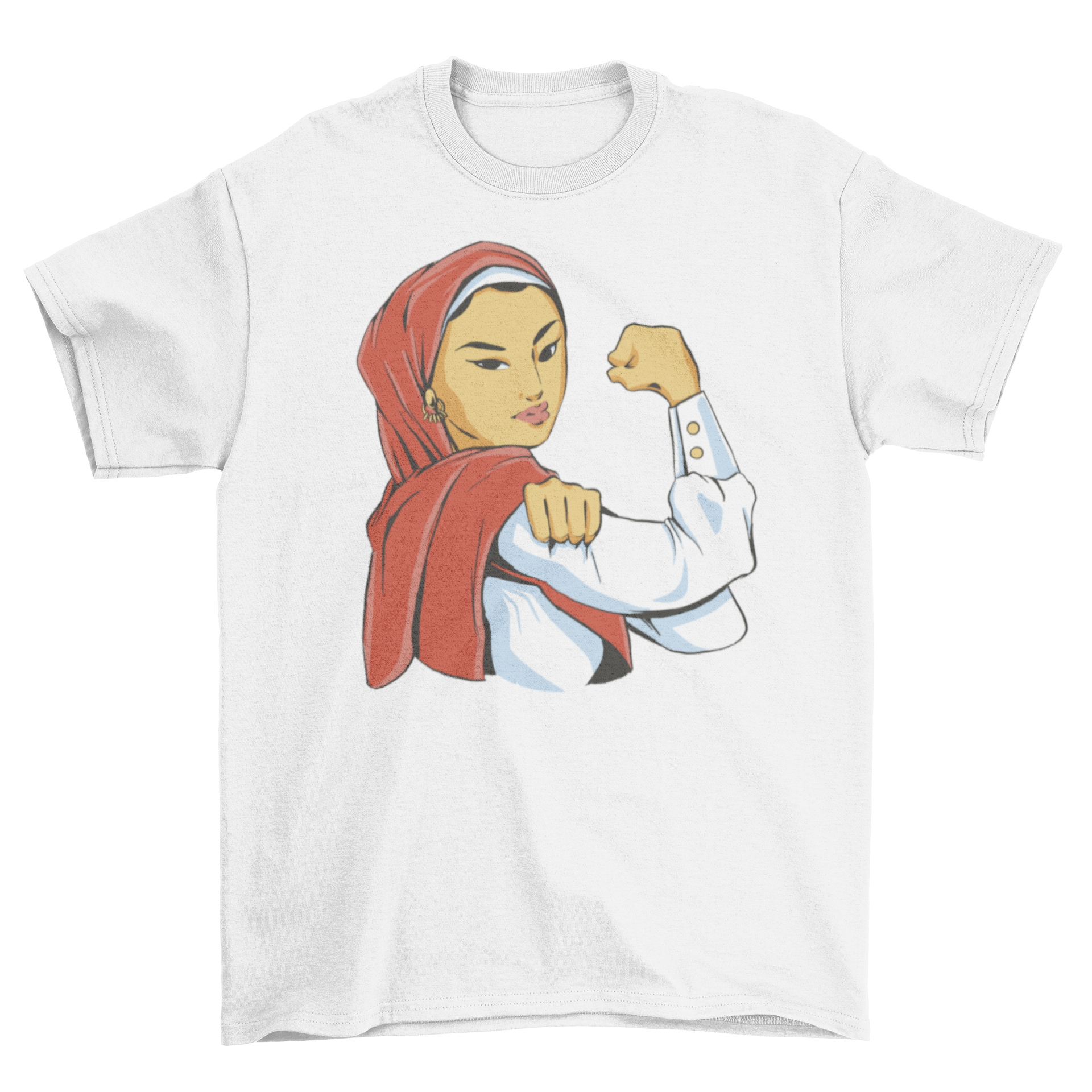 Strong Muslim woman feminist t-shirt featuring a design of a Muslim woman flexing her arm, symbolizing empowerment and strength.