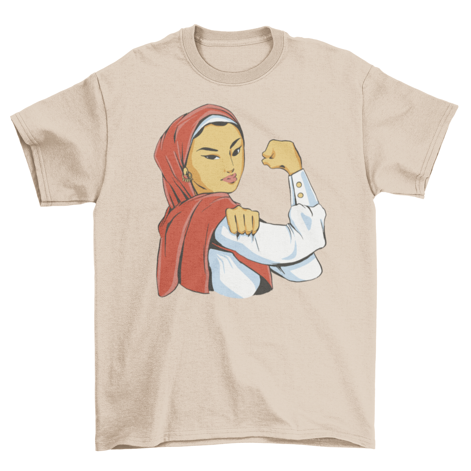 Strong Muslim woman feminist t-shirt featuring a design of a Muslim woman flexing her arm, symbolizing empowerment and strength.