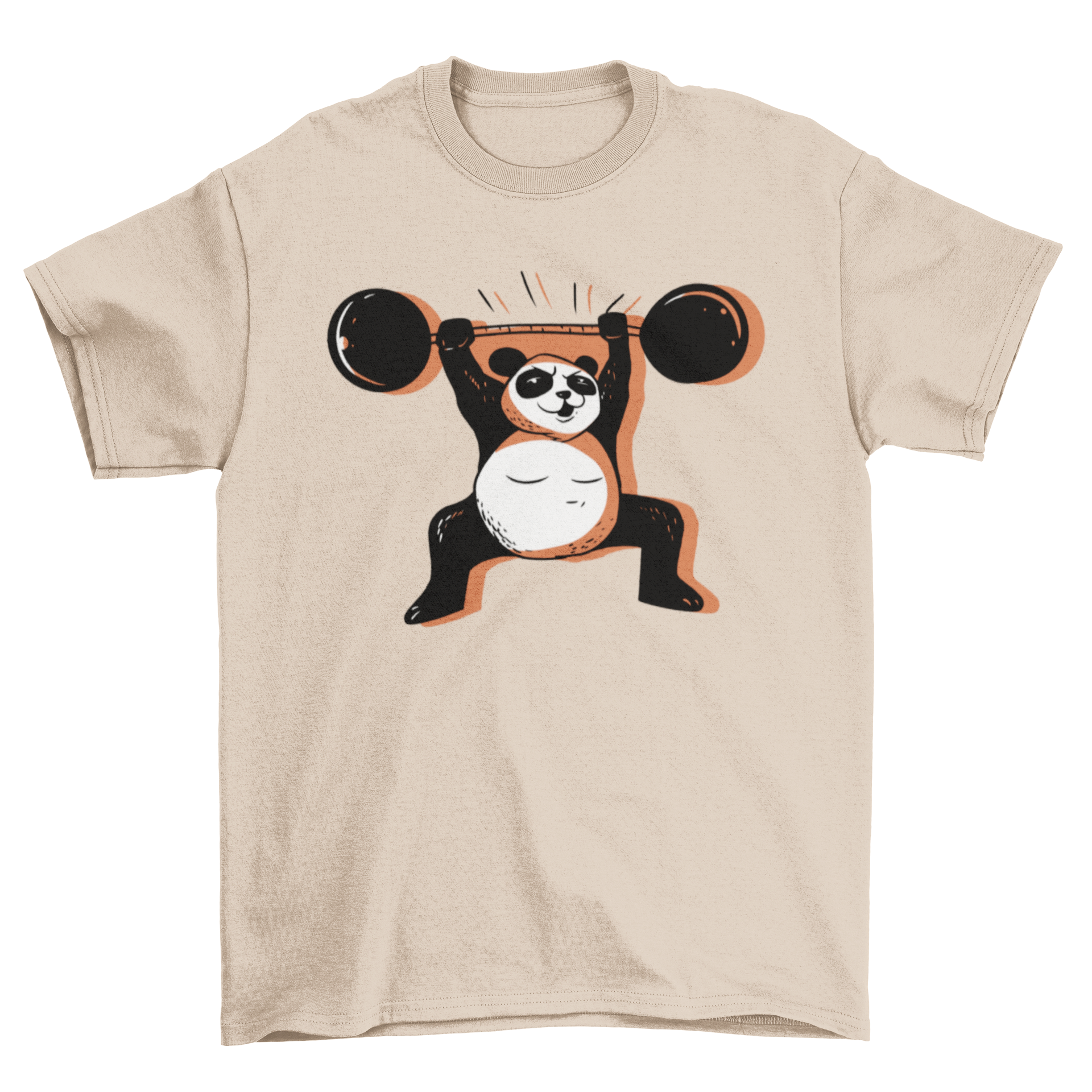 Strong panda t-shirt featuring a panda lifting a barbell, showcasing a fun and unique design for fitness enthusiasts.