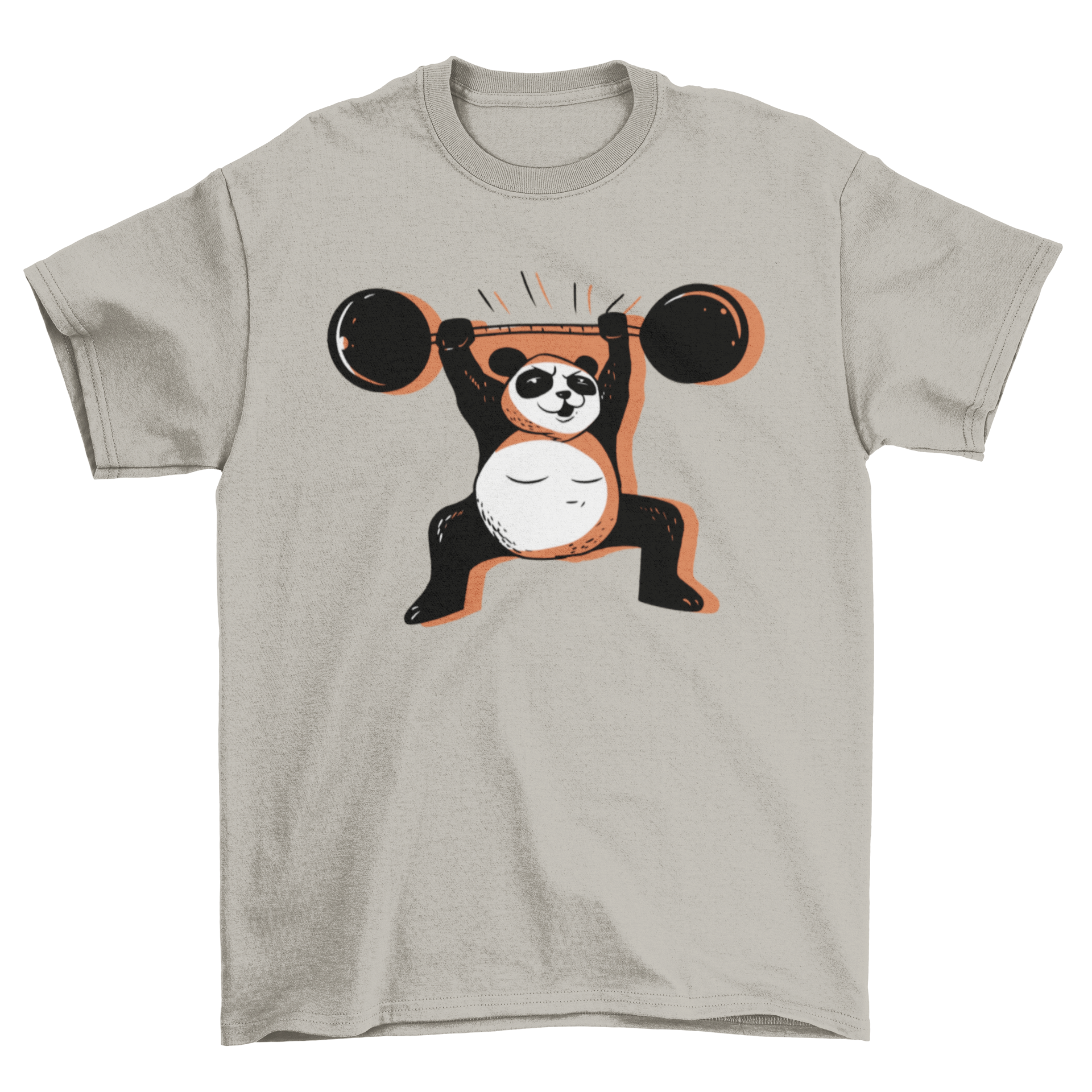 Strong panda t-shirt featuring a panda lifting a barbell, showcasing a fun and unique design for fitness enthusiasts.