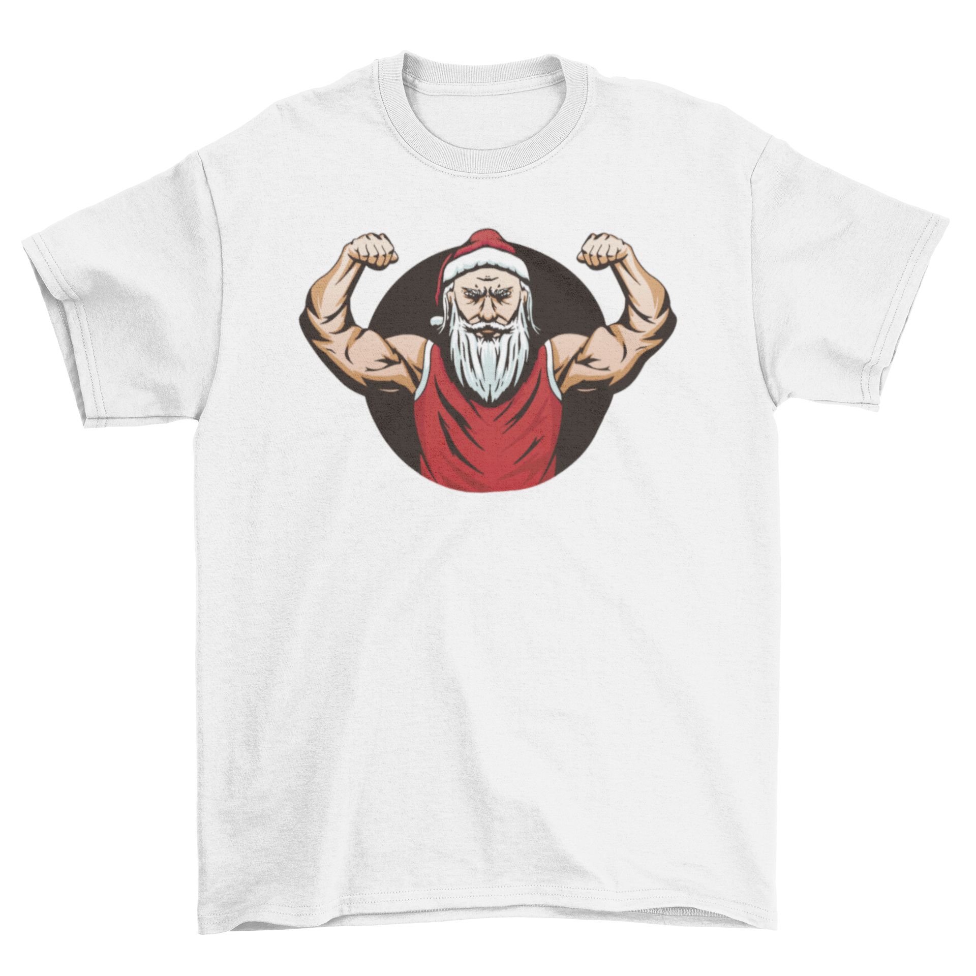 Strong Santa Claus graphic on a festive t-shirt, showcasing a muscular Santa in a playful design.