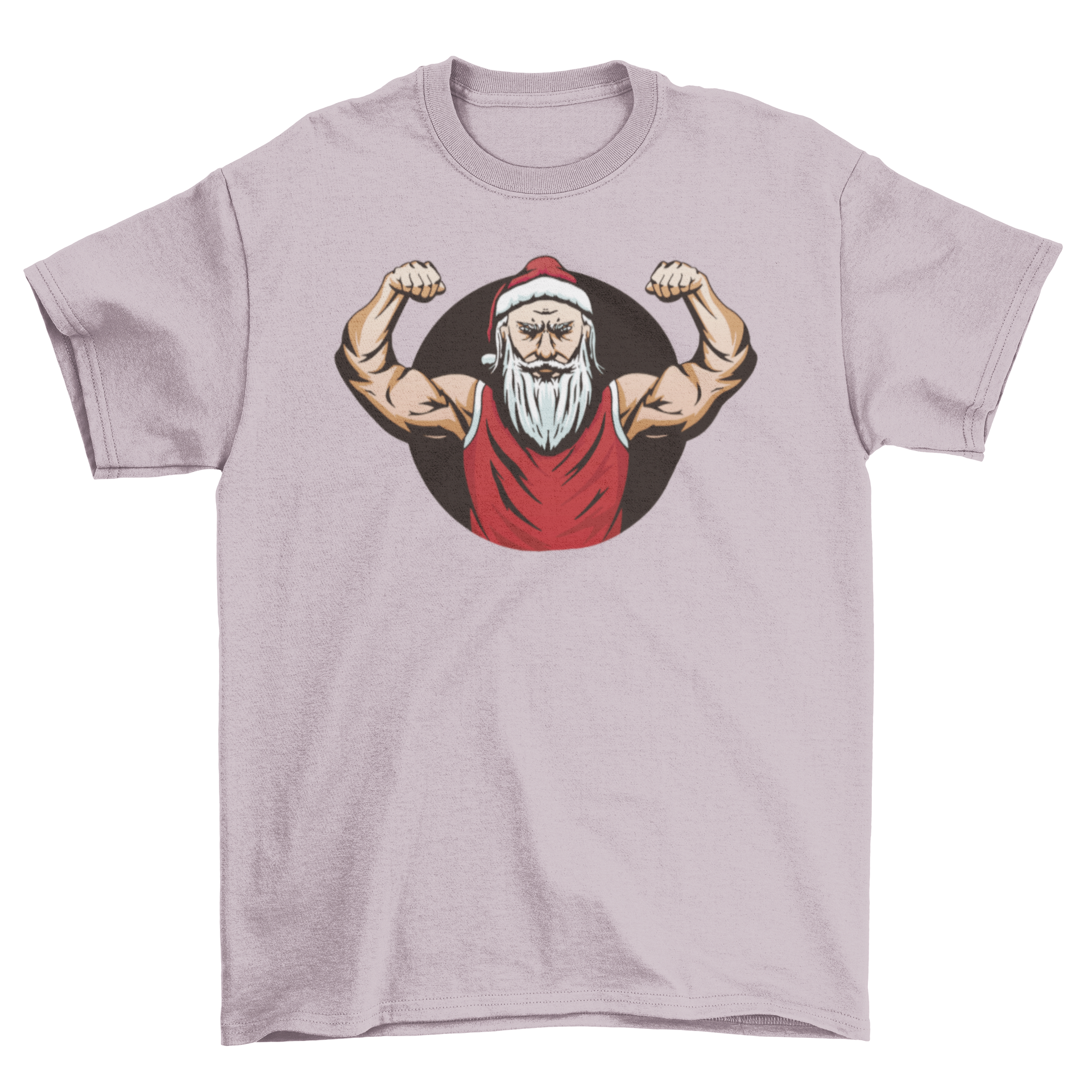 Strong Santa Claus graphic on a festive t-shirt, showcasing a muscular Santa in a playful design.