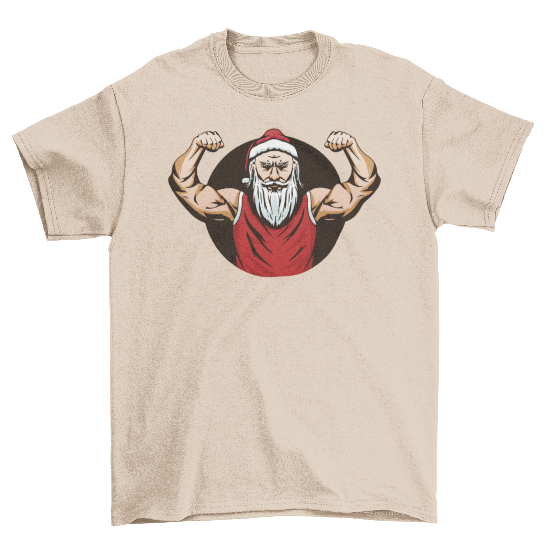 Strong Santa Claus graphic on a festive t-shirt, showcasing a muscular Santa in a playful design.