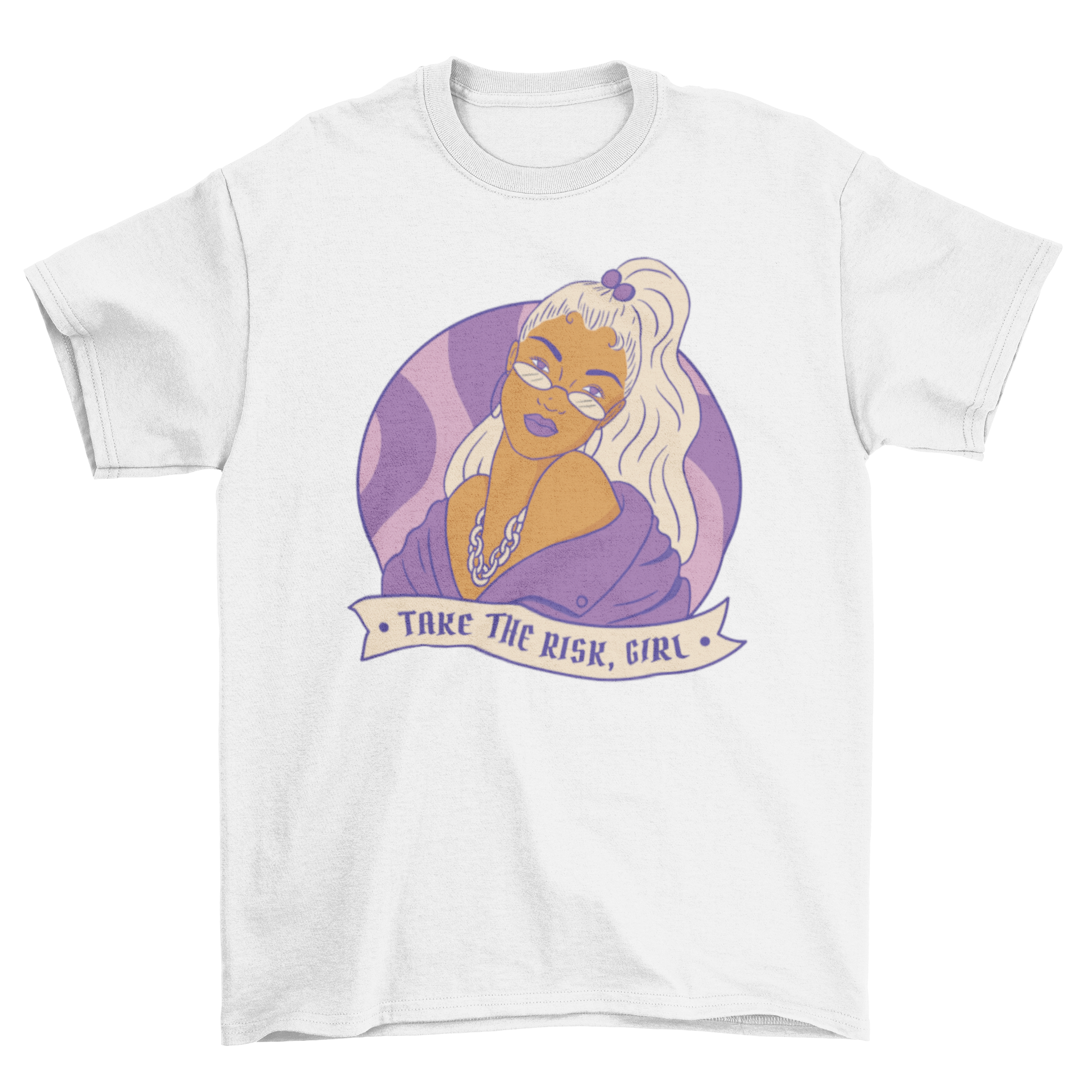 Strong woman feminist power t-shirt featuring a confident woman and the quote 'Take the risk, girl'.