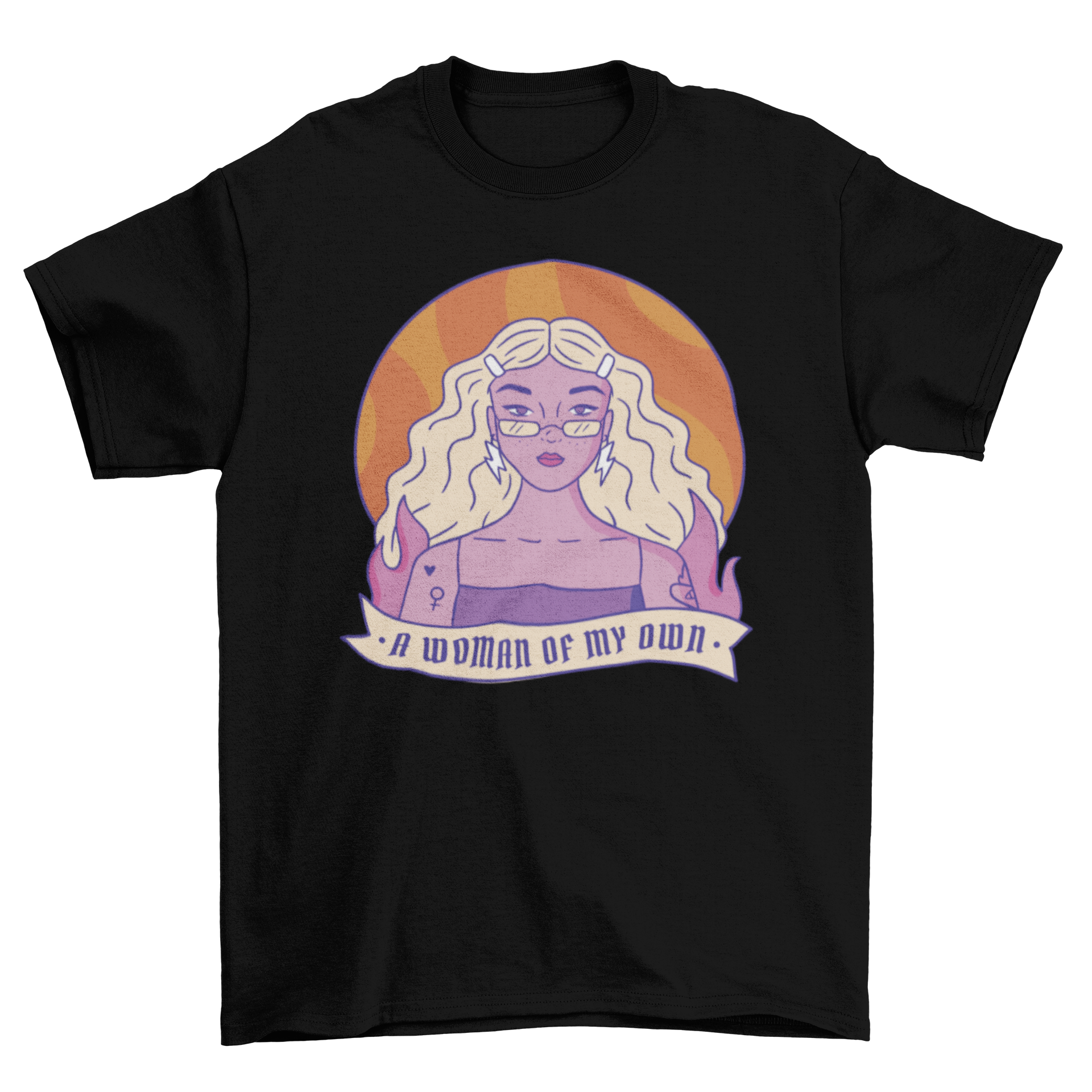 Strong woman girl power t-shirt featuring a woman with long hair and tattoos, showcasing the quote 'A woman of my own'.