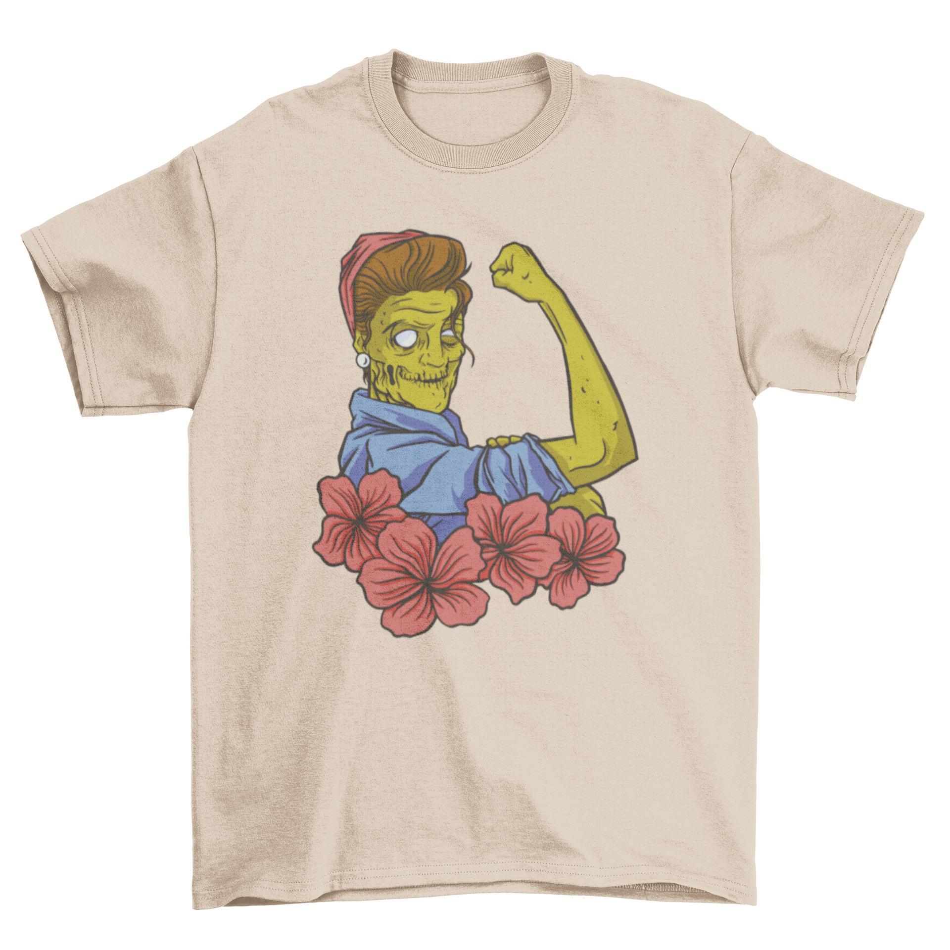 Strong zombie pinup girl t-shirt featuring a tattoo-style design with flowers and a muscular female figure.