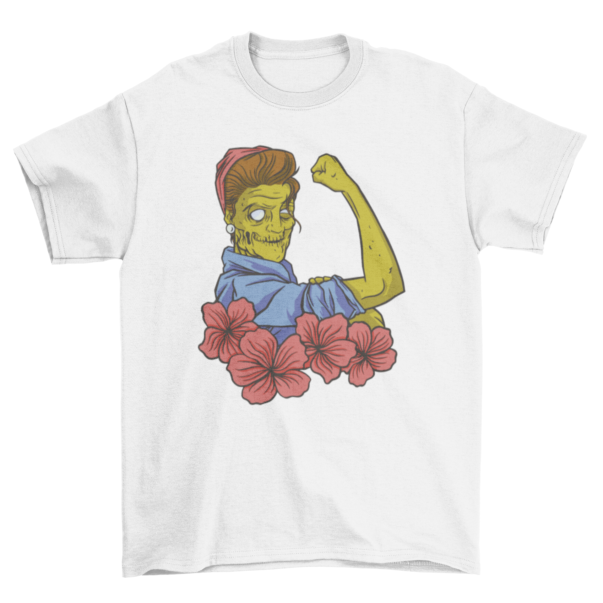 Strong zombie pinup girl t-shirt featuring a tattoo-style design with flowers and a muscular female figure.