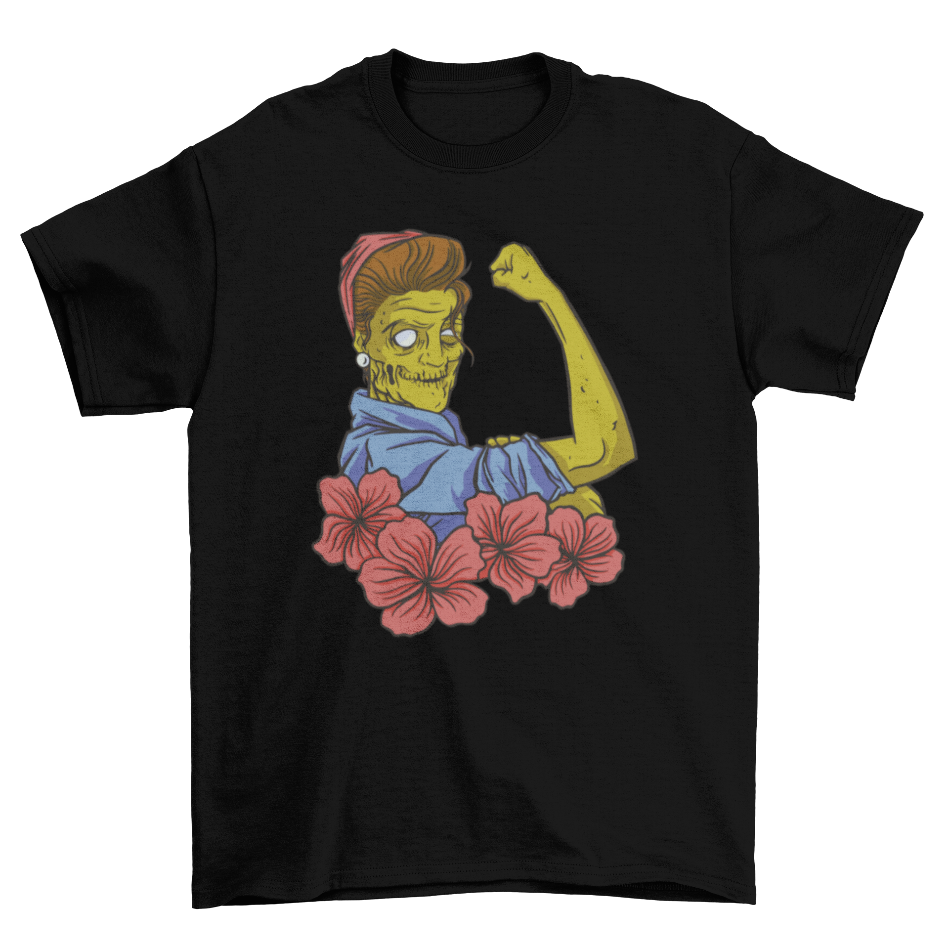 Strong zombie pinup girl t-shirt featuring a tattoo-style design with flowers and a muscular female figure.