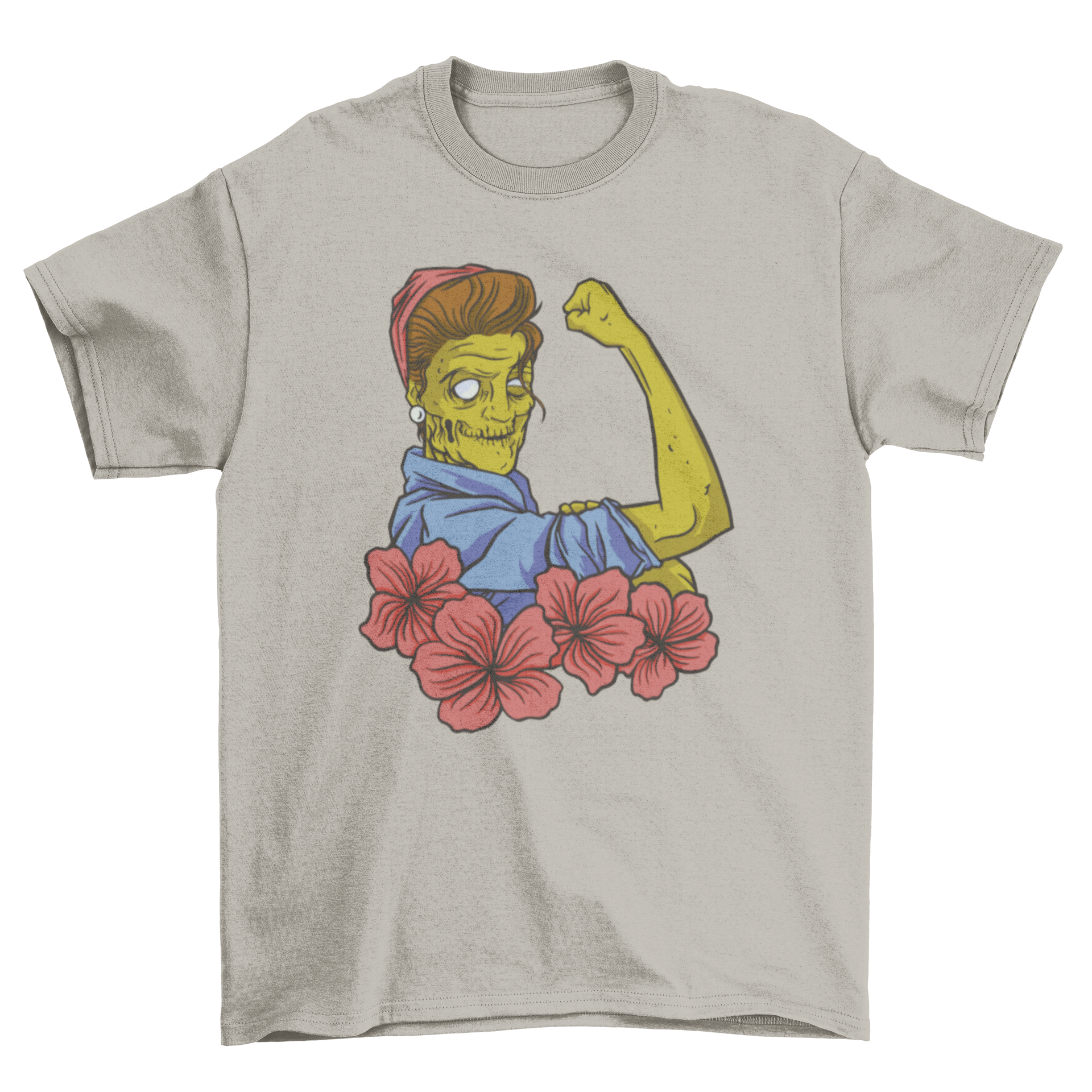 Strong zombie pinup girl t-shirt featuring a tattoo-style design with flowers and a muscular female figure.