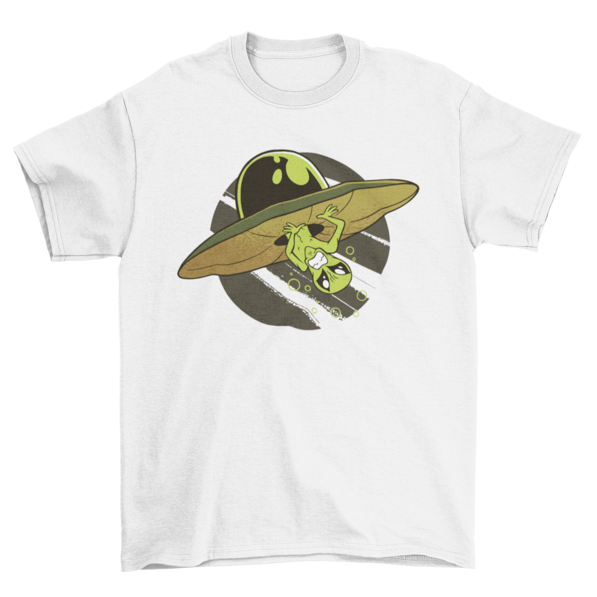 A humorous t-shirt featuring an illustration of an alien humorously stuck in a UFO, showcasing a playful design.