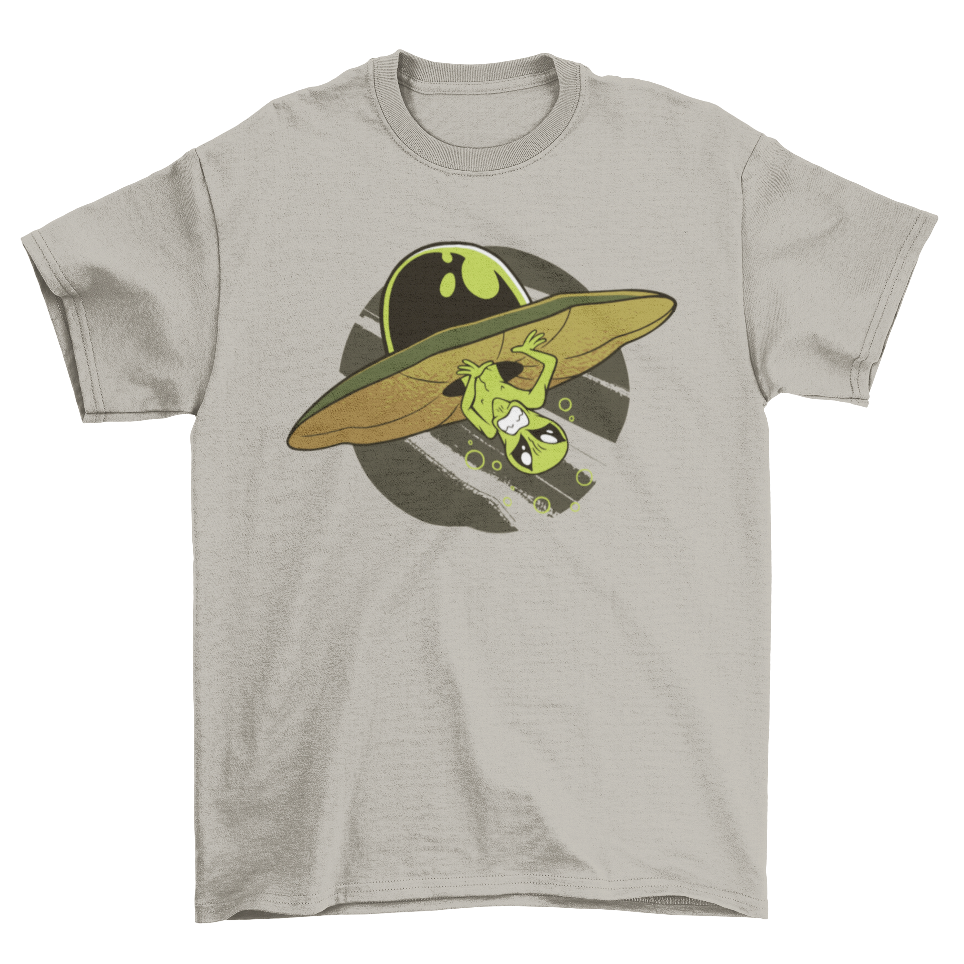 A humorous t-shirt featuring an illustration of an alien humorously stuck in a UFO, showcasing a playful design.