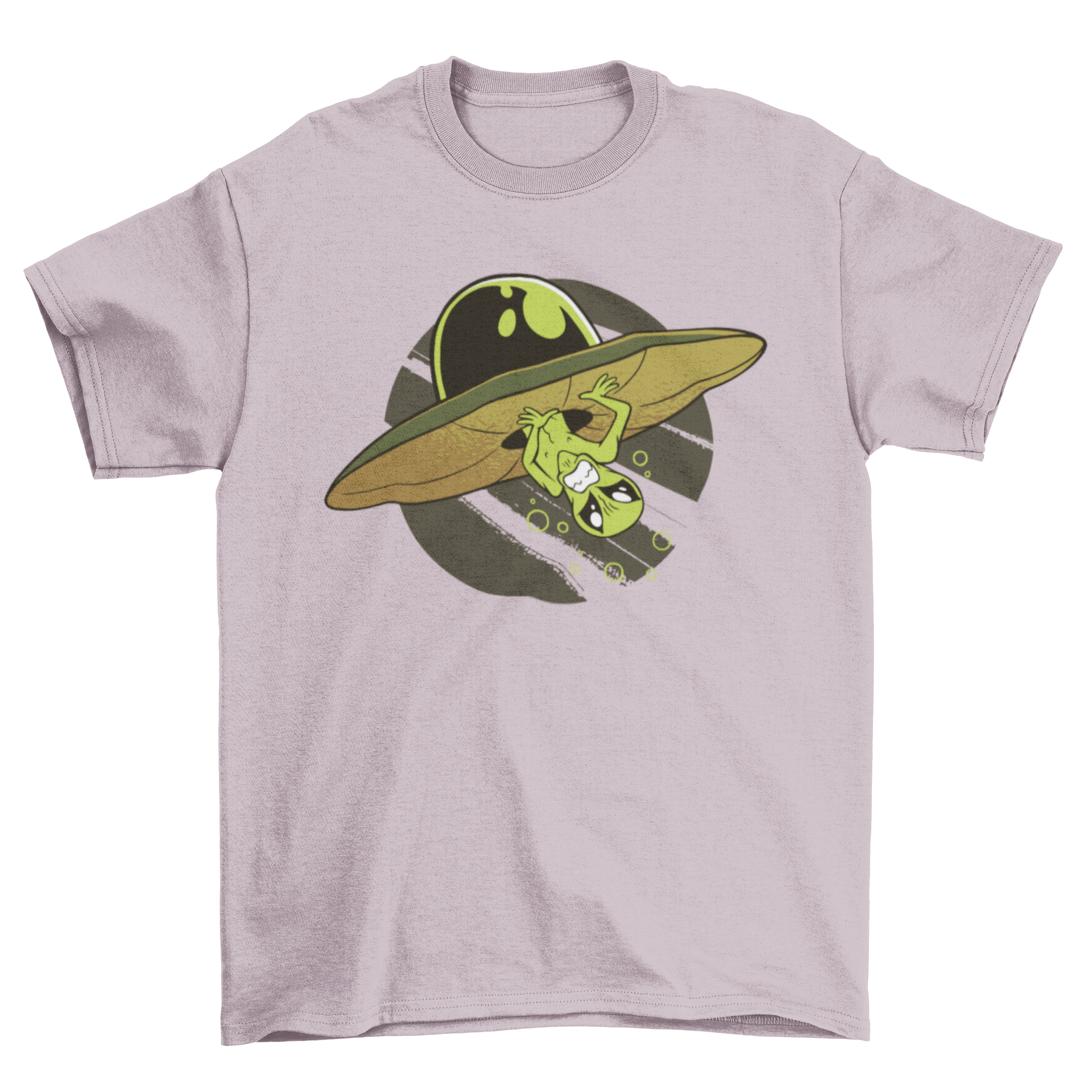 A humorous t-shirt featuring an illustration of an alien humorously stuck in a UFO, showcasing a playful design.