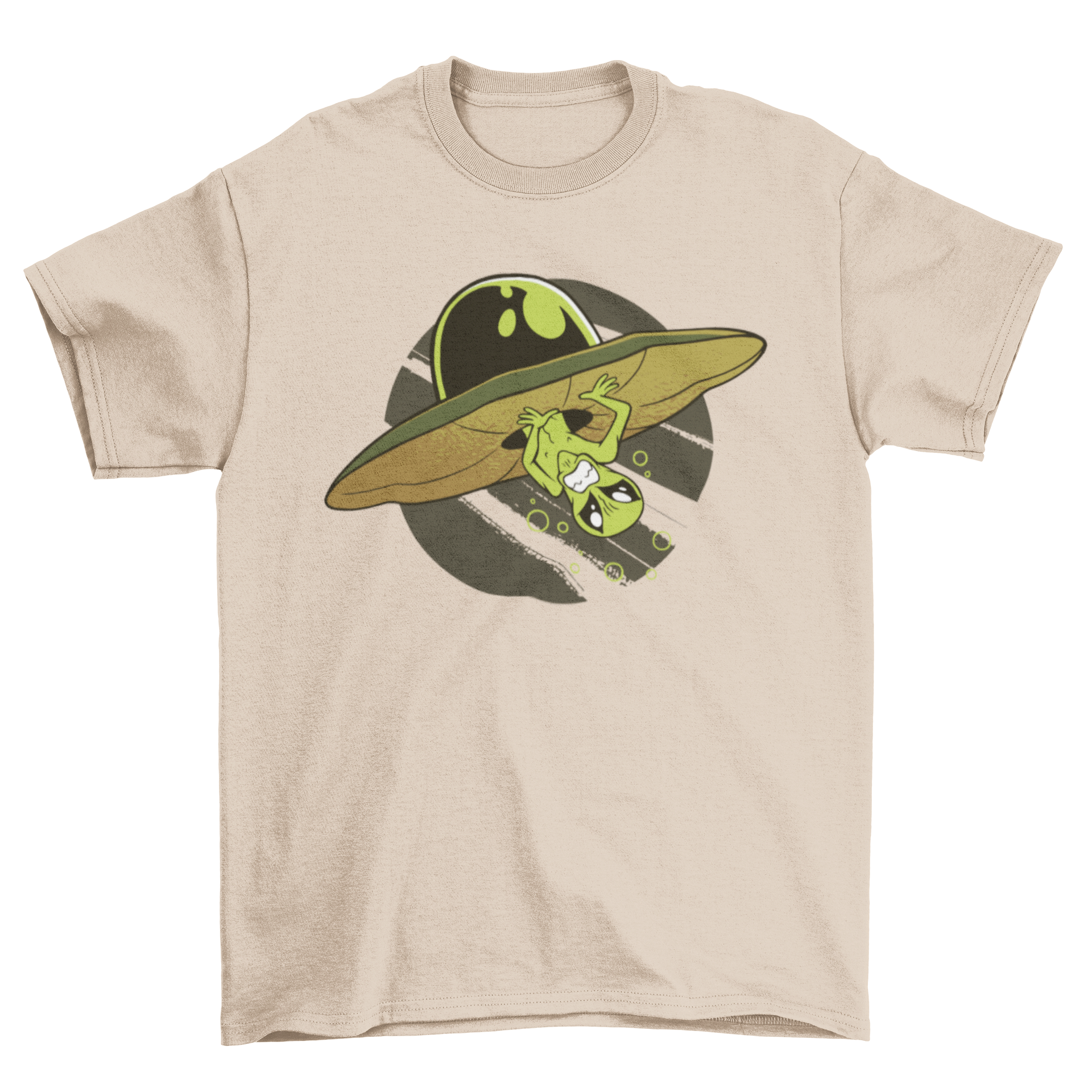 A humorous t-shirt featuring an illustration of an alien humorously stuck in a UFO, showcasing a playful design.