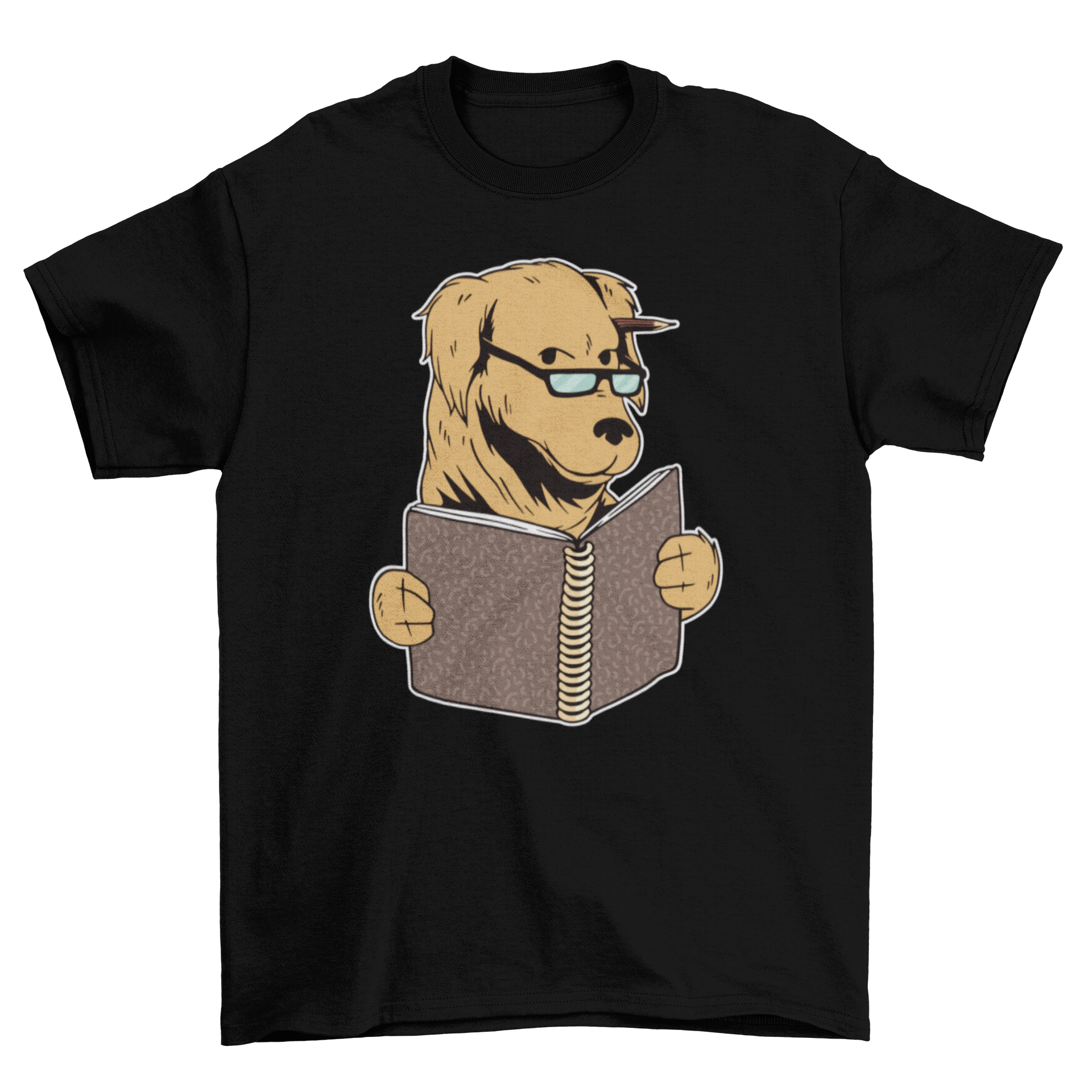 A stylish t-shirt featuring a dog with glasses reading a book, perfect for dog lovers.