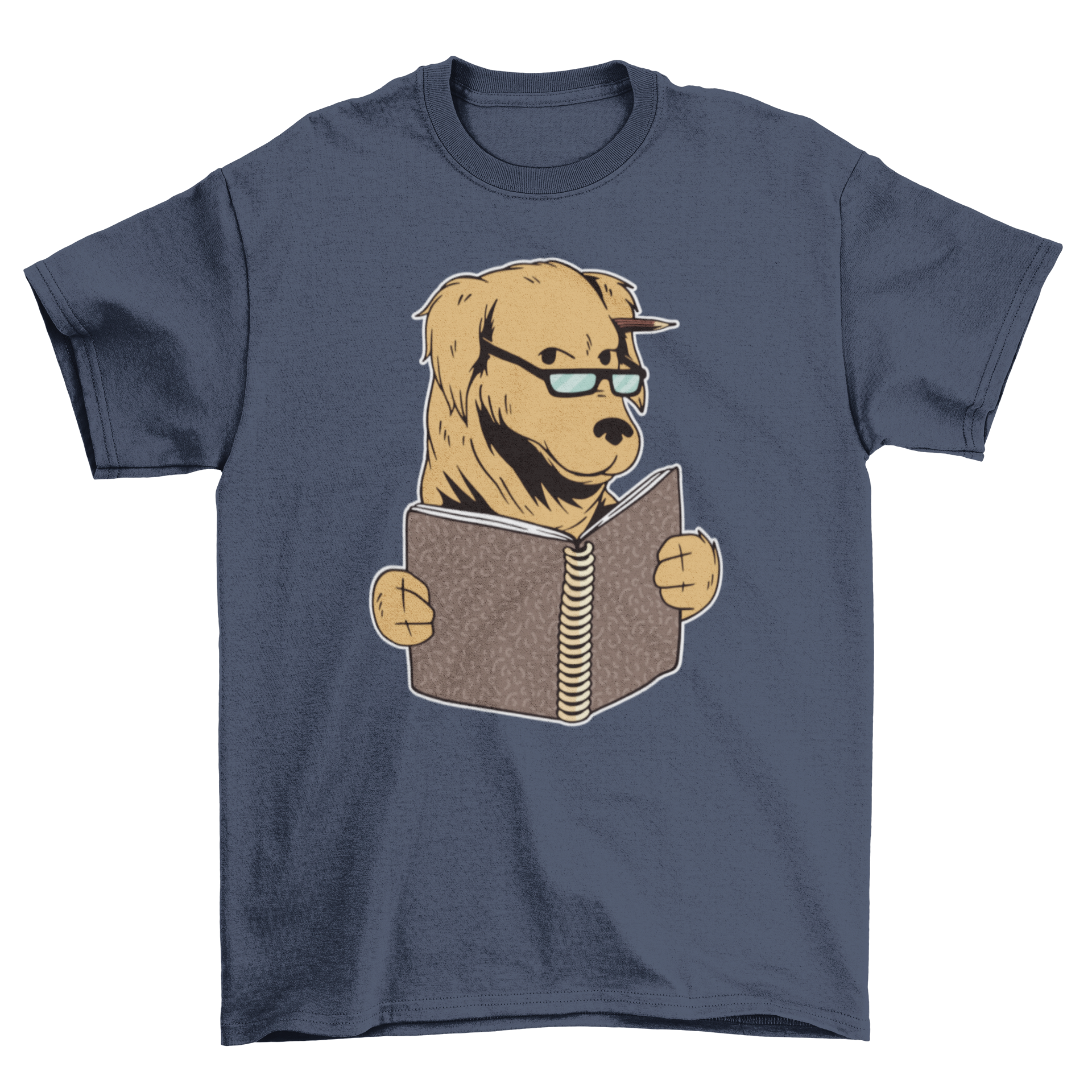 A stylish t-shirt featuring a dog with glasses reading a book, perfect for dog lovers.