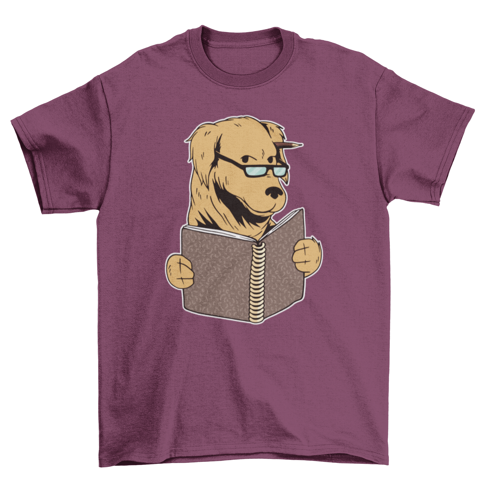 A stylish t-shirt featuring a dog with glasses reading a book, perfect for dog lovers.