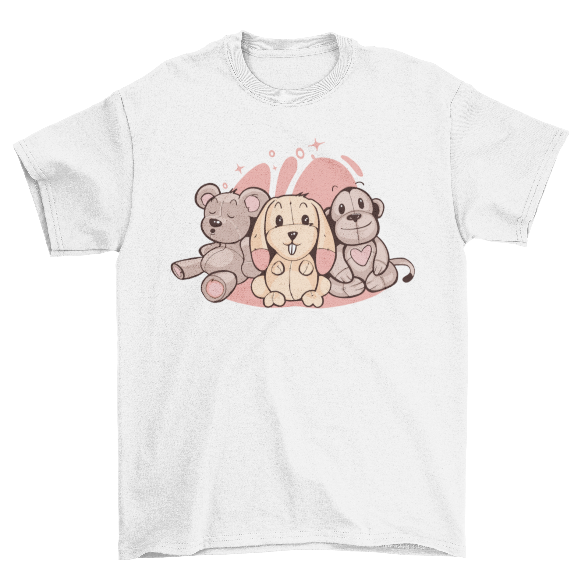 A cute t-shirt featuring three adorable stuffed animals in a playful design, perfect for kids and adults.