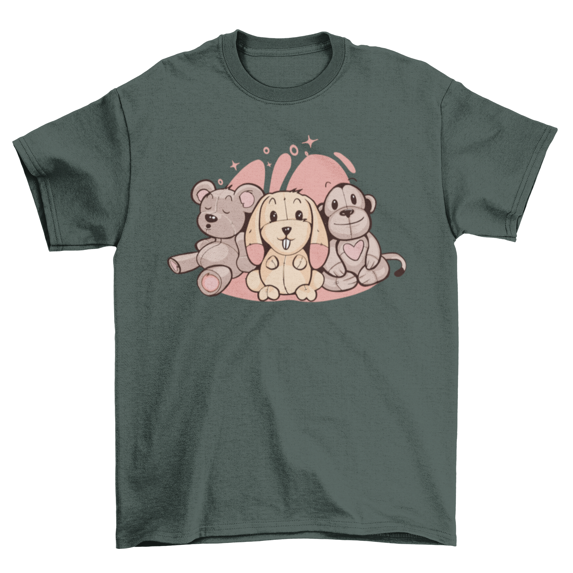 A cute t-shirt featuring three adorable stuffed animals in a playful design, perfect for kids and adults.