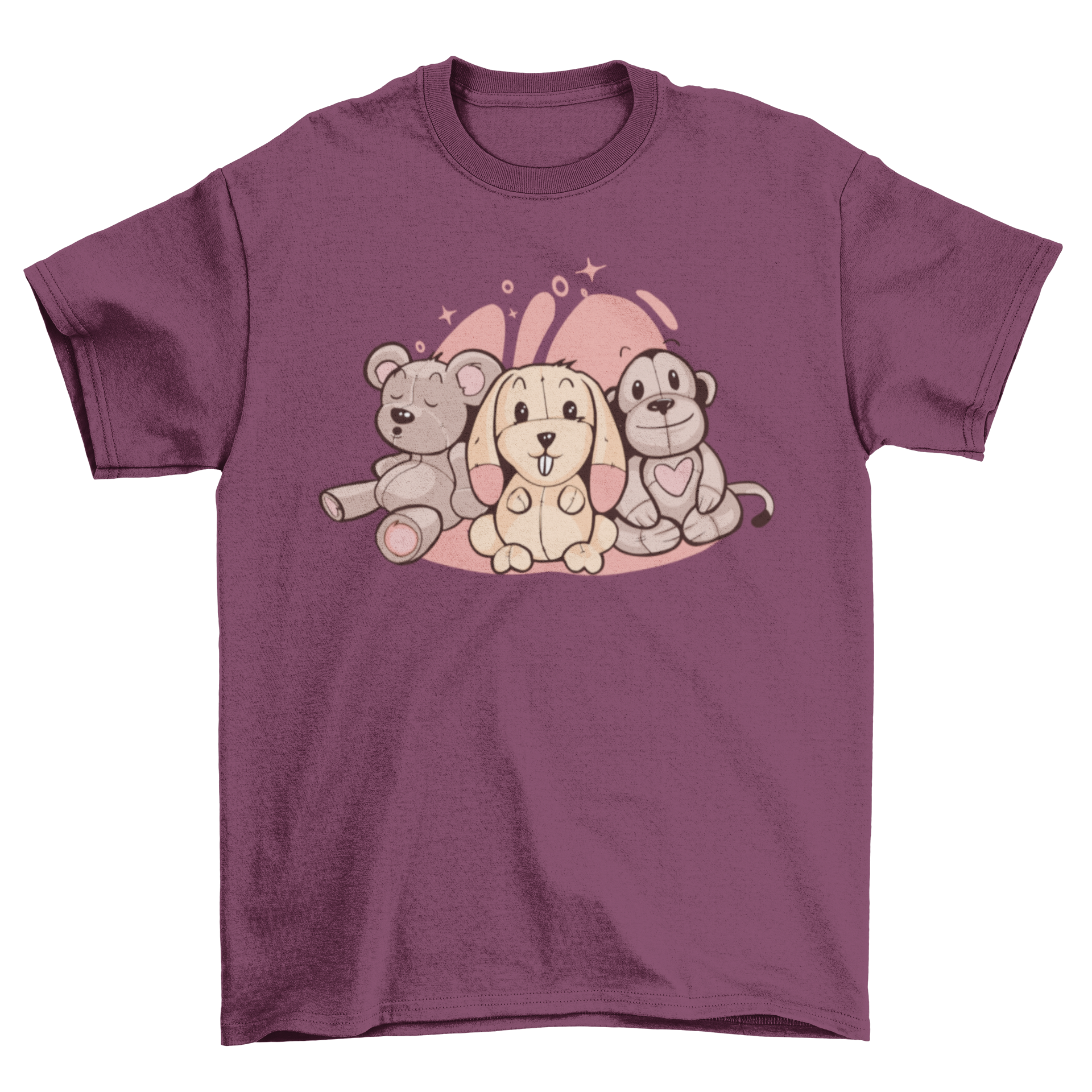 A cute t-shirt featuring three adorable stuffed animals in a playful design, perfect for kids and adults.