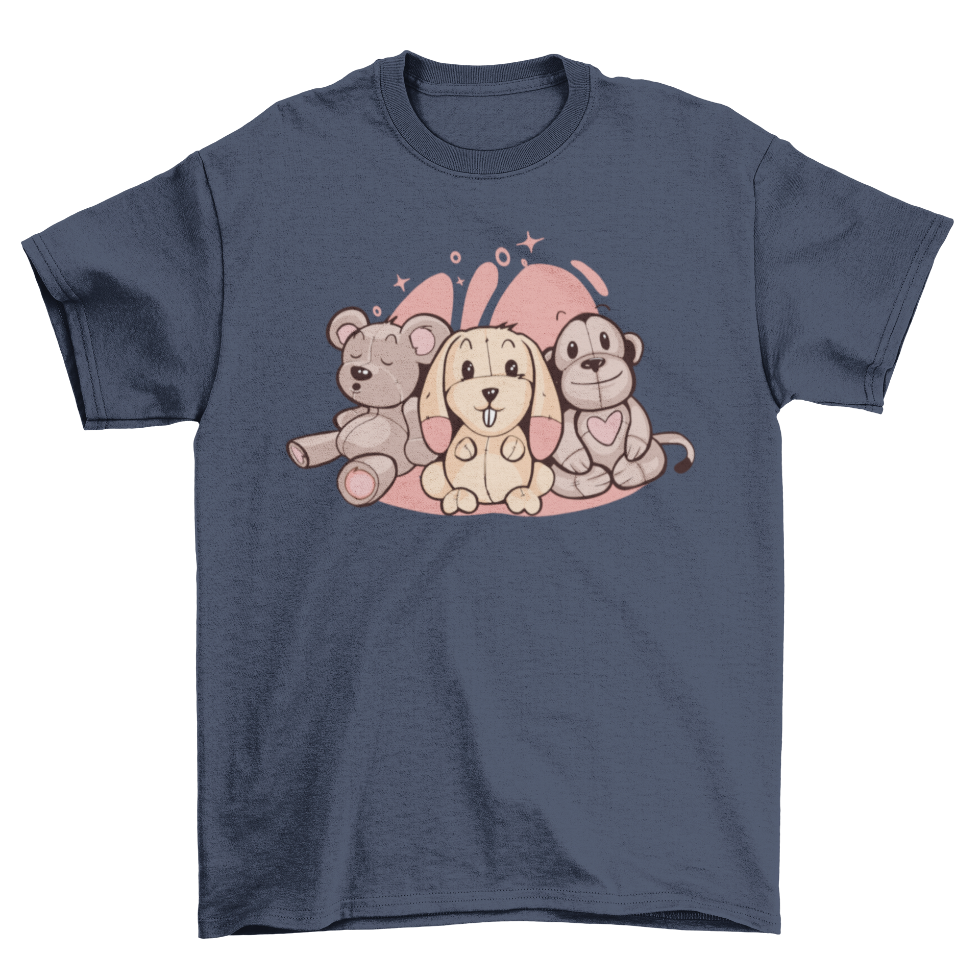 A cute t-shirt featuring three adorable stuffed animals in a playful design, perfect for kids and adults.